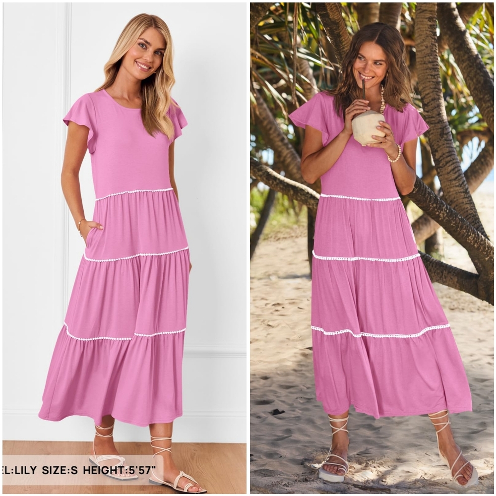 NWT Merokeety Pink Flutter Sleeve Crochet Crew Flowy Tiered Shirt Dress Maxi M - Picture 2 of 11